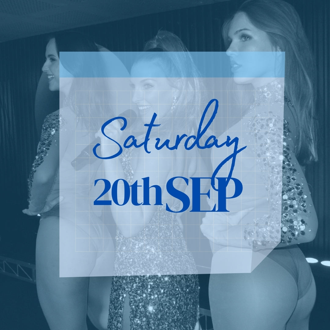 Calendar date showing tickets now available. Two dancers and a singer in background. Tickets for Saturday 20th September 2025 to burlesque dinner show in Sydney CBD.