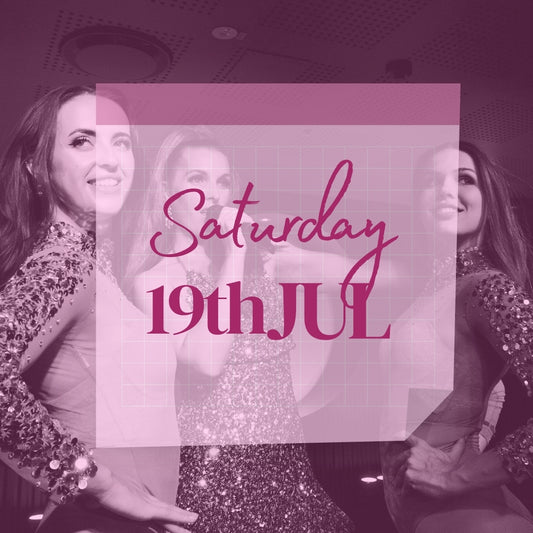 Calendar date for dinner show tickets to a  Burlesque Comedy Cabaret show in Potts point near Sydney CBD this weekend Saturday 19th July 2025. Three showgirls in the background with date tickets are available, and the show is on in the foreground. 